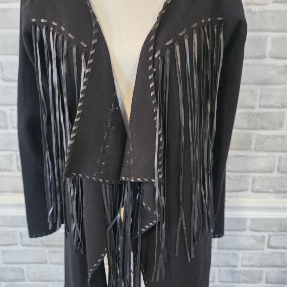 Ariat Trenton Faux Leather Fringe Open Front Waterfall Cardigan Black NEW M - Picture 4 of 8